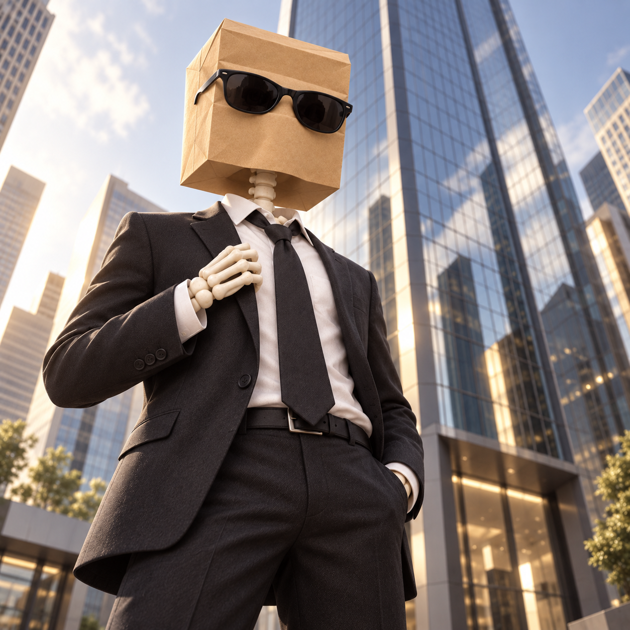Anonymous Bones in a suit in front of a skyscraper