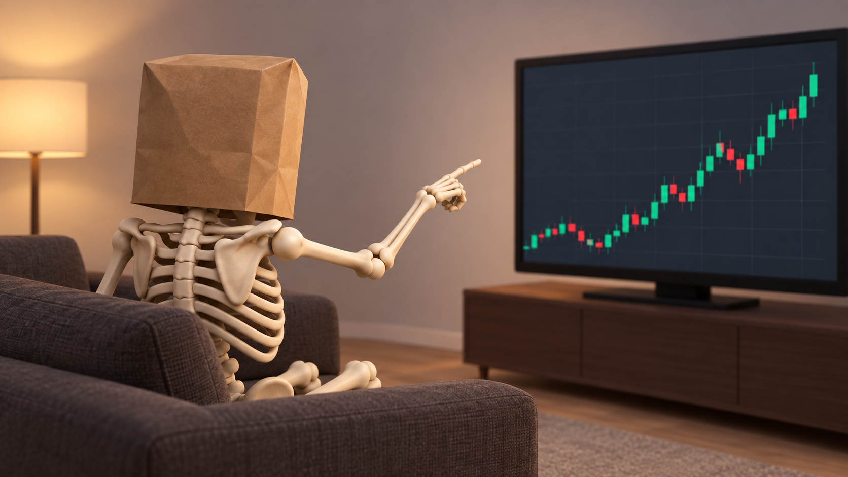 Anonymous Bones pointing at an upward crypto chart