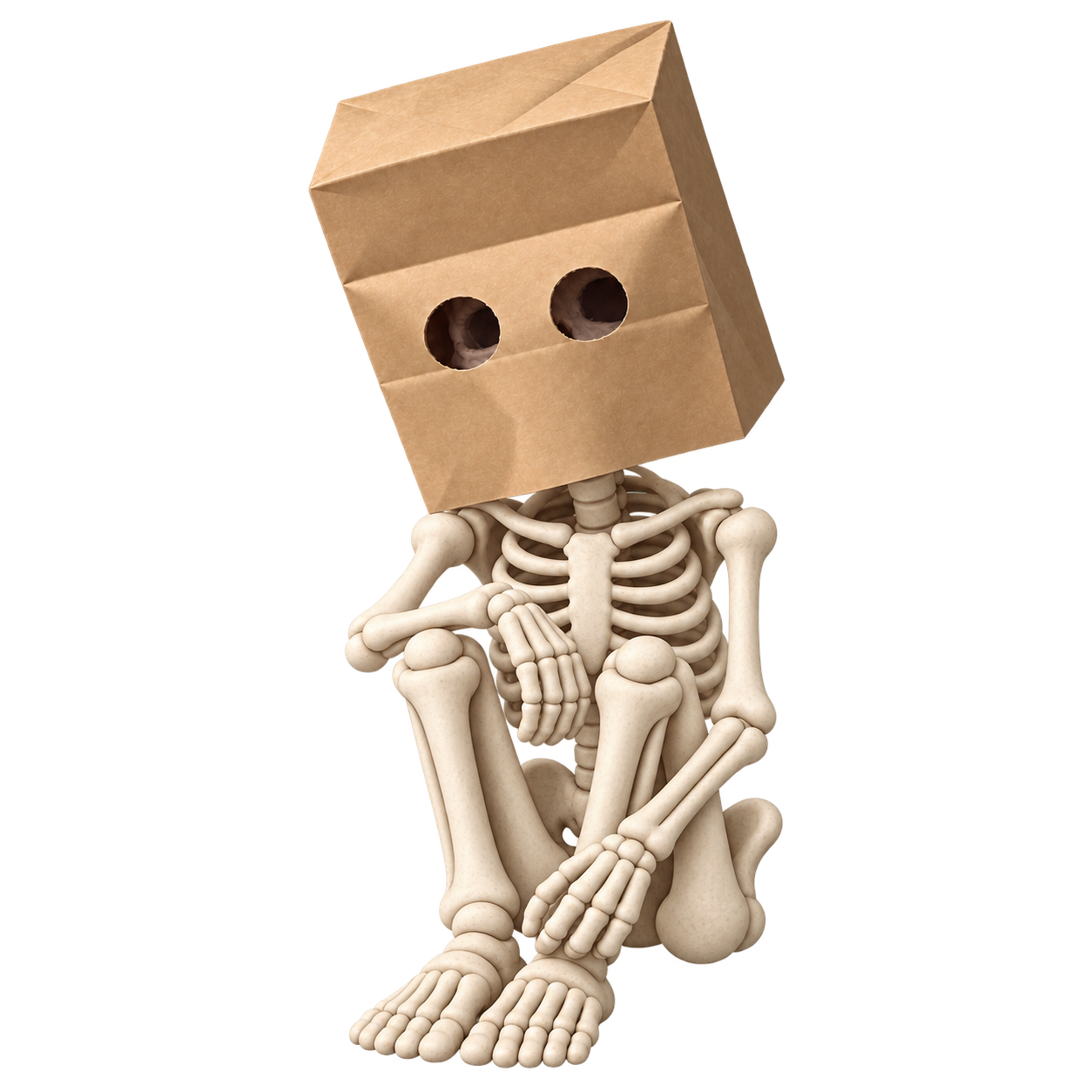Anonymous Bones sitting shyly with a paper bag